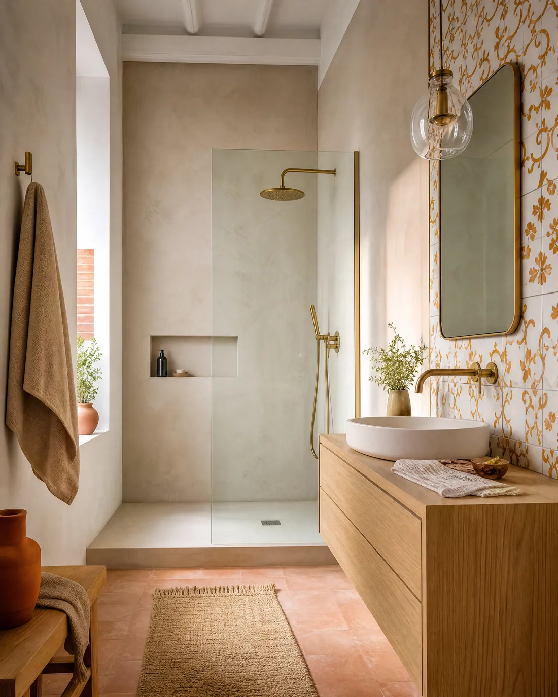 Baño reformado con ducha y pared de azulejo sevillano