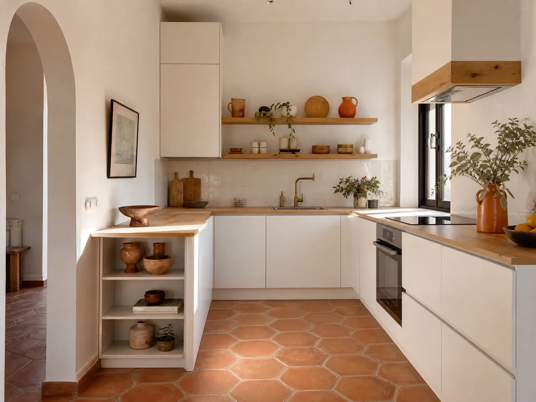 Cocina reformada con suelo de barro hexagonal