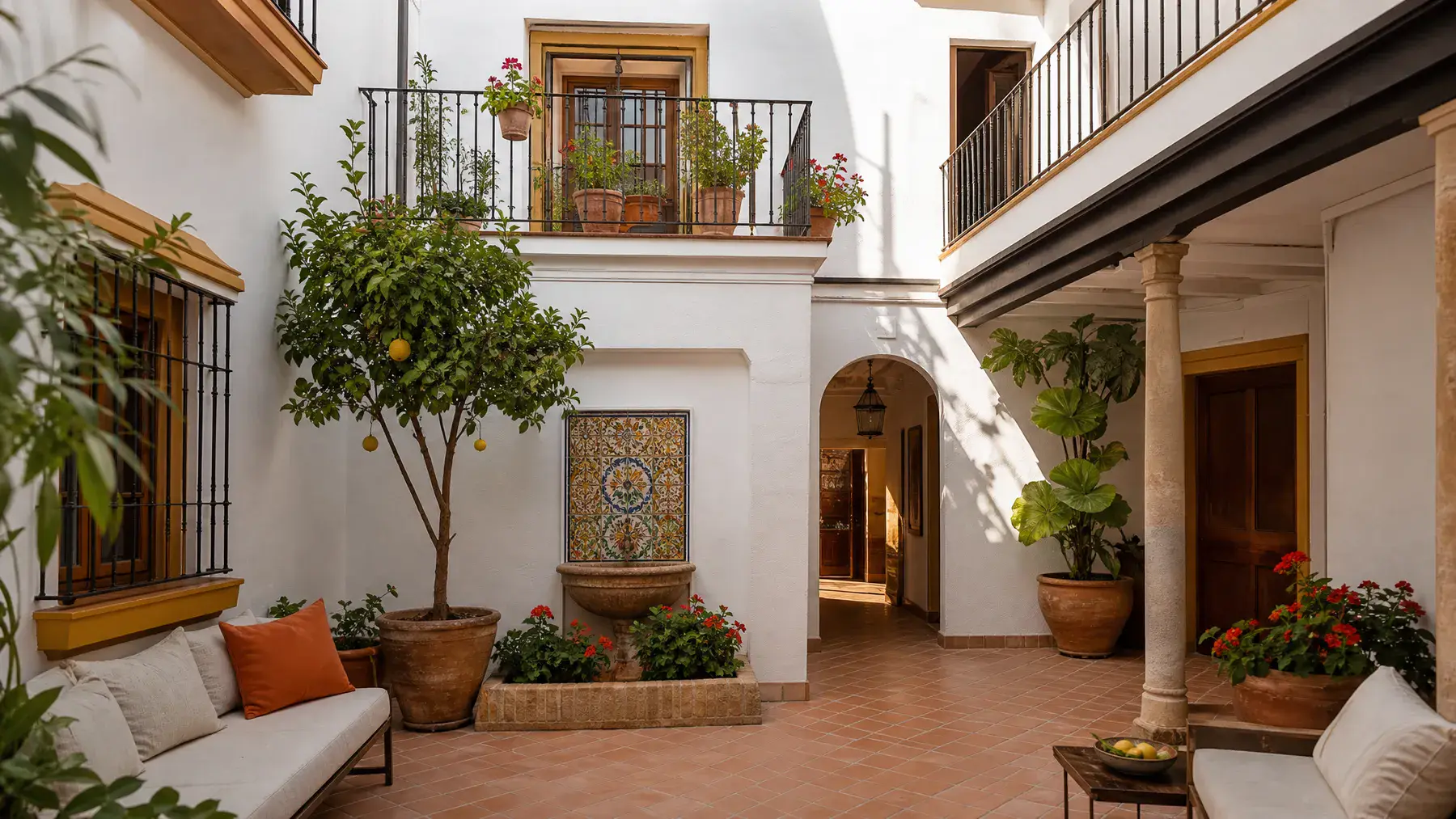 Patio andaluz reformado con fuente y limonero